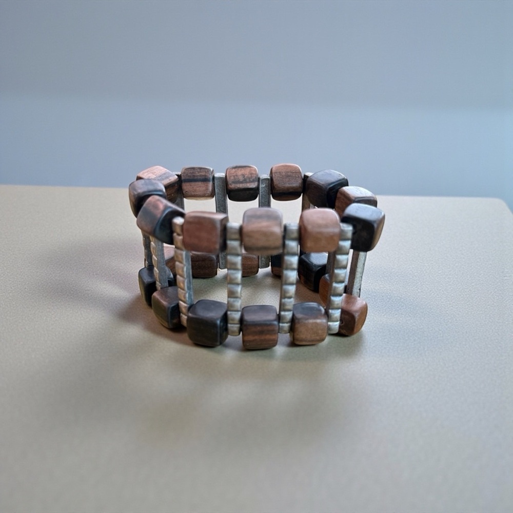 Wide stretchy Bracelet Cubed wood beads and silver tone trim